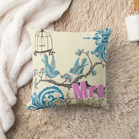 アクアホットピンクの鳥ミセス・ブリデス・ピロー クッション (ブランケット)