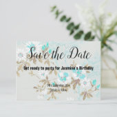 アクアホワイトさくらんぼ花の日付を保存 出欠カード (スタンド正面)