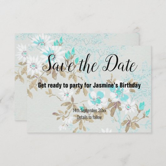 アクアホワイトさくらんぼ花の日付を保存 出欠カード (正面/裏面)