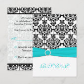 アクアホワイトとブラックのダマスク返信カード2 出欠カード (正面/裏面)