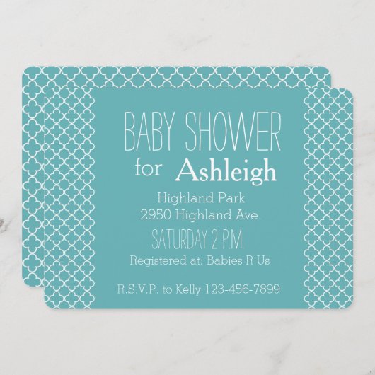 アクアホワイトクローバーベビーシャワー 招待状 (正面/裏面)