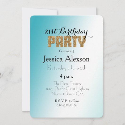 アクアホワイトグラデーション金ゴールドグリッター 招待状 (正面)