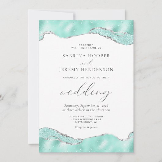 アクアホワイトシルバーフォイルグリッター結婚ズ 招待状 (正面)