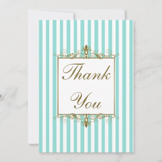 アクアホワイトストライプ金ゴールドスクロール写真ありがとう サンキューカード (正面)
