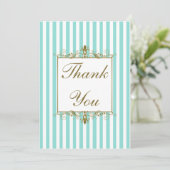 アクアホワイトストライプ金ゴールドスクロール写真ありがとう サンキューカード (スタンド正面)