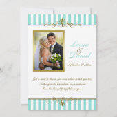 アクアホワイトストライプ金ゴールドスクロール写真ありがとう サンキューカード (裏面)