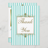アクアホワイトストライプ金ゴールドスクロール写真ありがとう サンキューカード (正面/裏面)