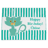 アクアホワイトストライプ・猫・カスタム ラージペーパーバッグ (正面)