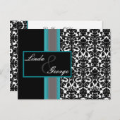 アクアホワイトブラックダマスクウェディング招待状 インビテーションポストカード (正面/裏面)