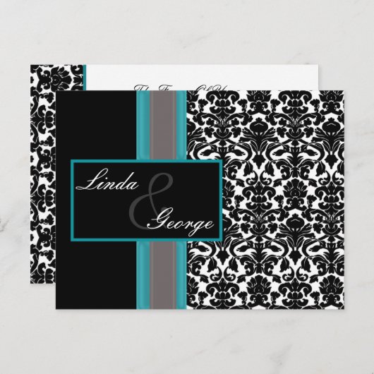 アクアホワイトブラックダマスクウェディング招待状 インビテーションポストカード (正面/裏面)