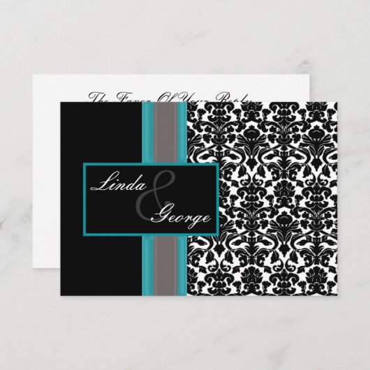 アクアホワイトブラックダマスクウェディング招待状 招待状 (正面/裏面)