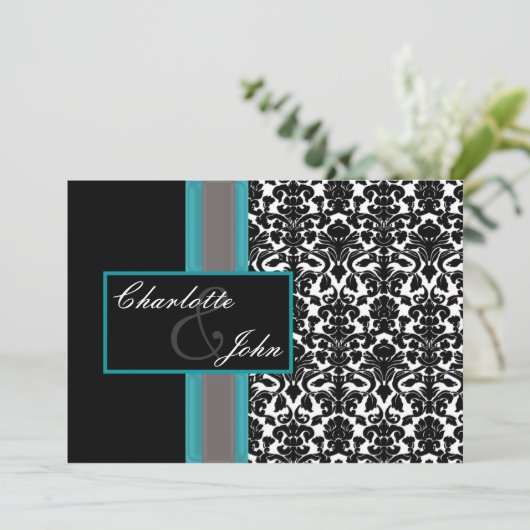 アクアホワイトブラックダマスクウェディング招待状 招待状 (スタンド正面)