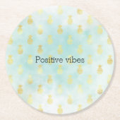 アクアホワイト金ゴールドトロピカルグラムパイナップル ラウンドペーパーコースター (正面)