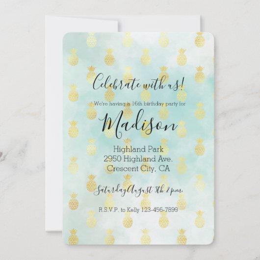 アクアホワイト金ゴールドトロピカルグラムパイナップル 招待状 (正面)