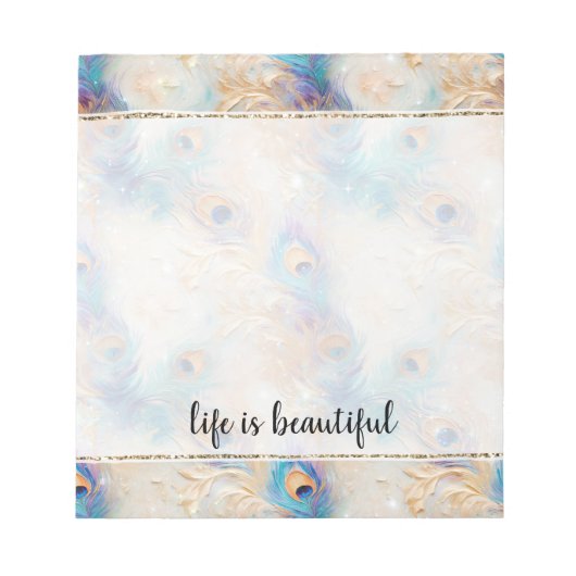 アクアホワイト金ゴールド孔雀の羽根 ノートパッド (正面)