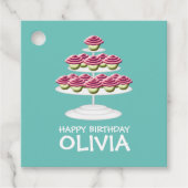 アクアホワイト&ピンクカップケーキタワーハッピーバースデー フェイバータグ (正面)
