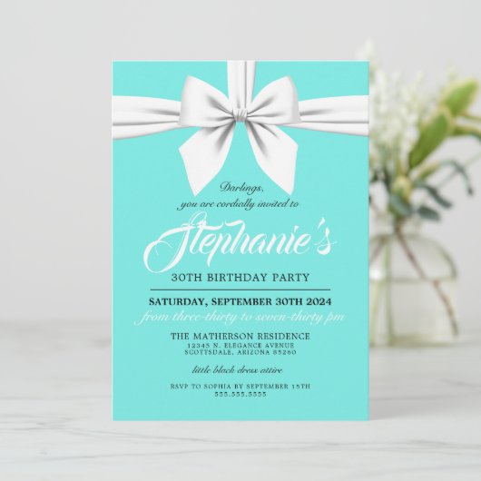 アクアボーエレガントホワイトティファニー誕生日招待状 招待状 (スタンド正面)