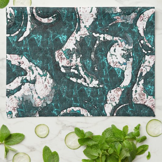 アクアマリンとシアンに混合した白い斑点のテクスチャ キッチンタオル (折り畳み)