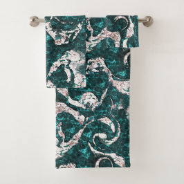 アクアマリンとシアンに混合した白い斑点のテクスチャ バスタオルセット