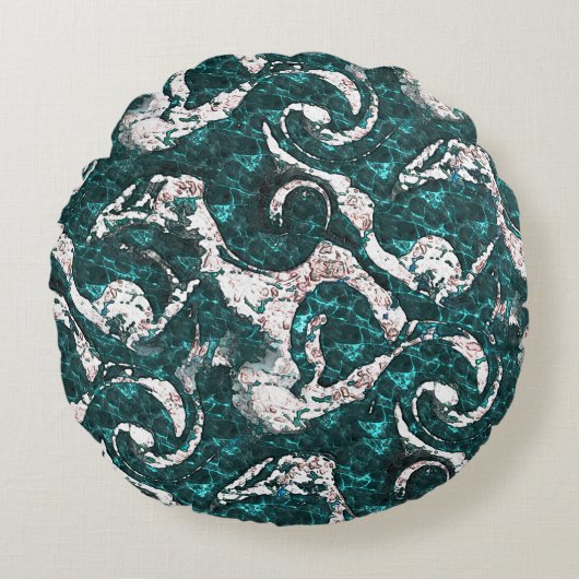 アクアマリンとシアンに混合した白い斑点のテクスチャ ラウンドクッション (正面)