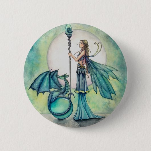 アクアマリンのドラゴンの妖精 ファンタジーアート 缶バッジ (正面)