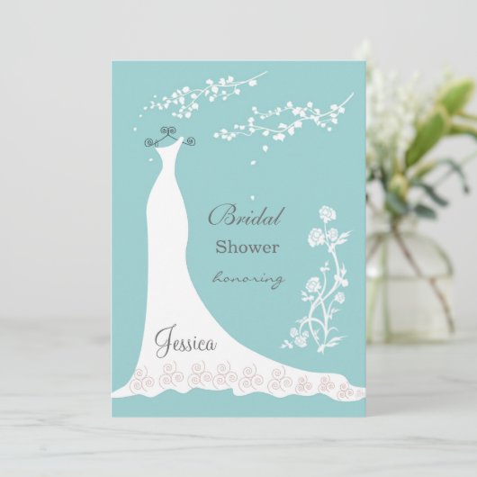 アクアマリンのブライダルシャワーの白いウェディングドレス 招待状 (スタンド正面)
