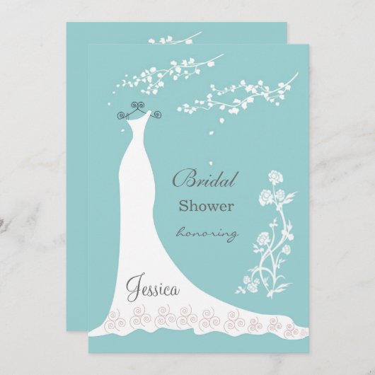 アクアマリンのブライダルシャワーの白いウェディングドレス 招待状 (正面/裏面)