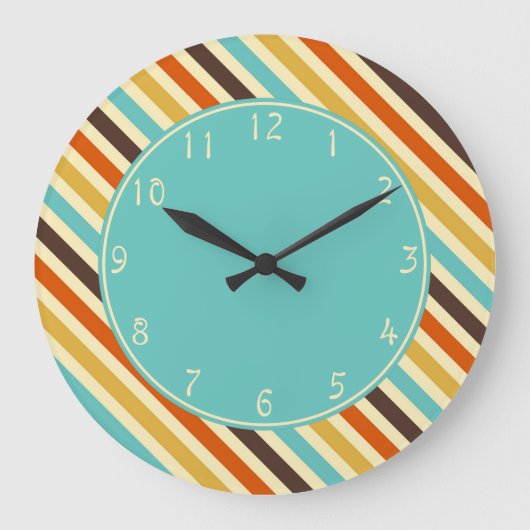 アクアマリンの円の対角線のストライプの青く黄色い赤 ラージ壁時計 (正面)