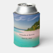 アクアマリンの海のトロピカルビーチの風景の結婚式 缶クーラー (缶裏面)