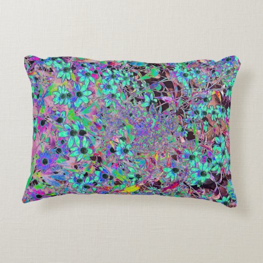 アクアマリンの花サイケデリック付き紫色の庭園 アクセントクッション (裏面)