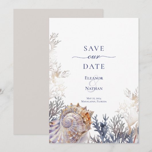アクアマリンの貝殻とサンゴのウェディング セーブ・ザ・デート (正面/裏面)