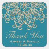 アクアマリンアクア金ゴールドインスパイアインディアンありがとう スクエアシール (正面)