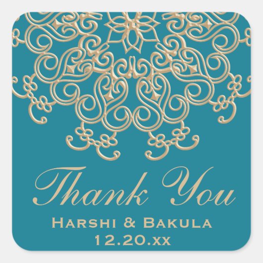 アクアマリンアクア金ゴールドインスパイアインディアンありがとう スクエアシール (正面)