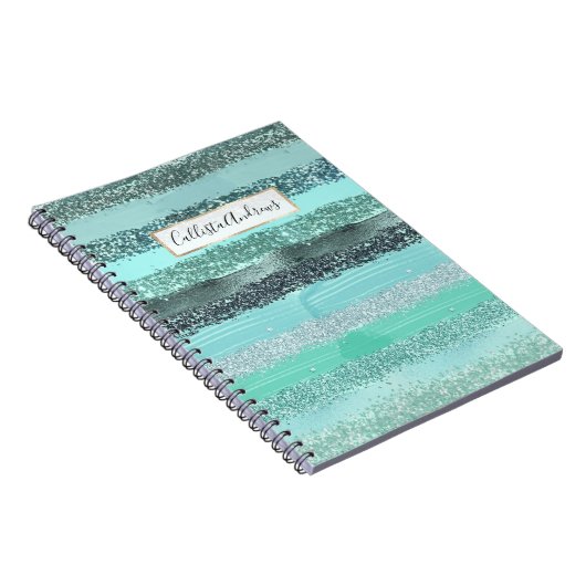 アクアマリングリーンブルーグリッターブラシストロークストライプ ノートブック (右側)