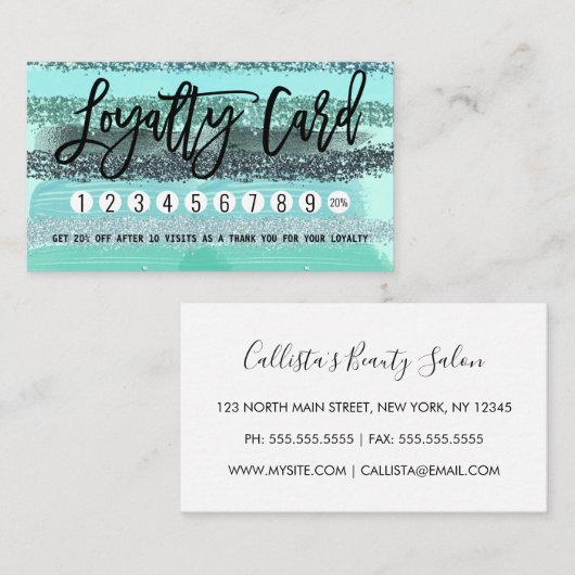 アクアマリングリーンブルーグリッターブラシストロークストライプ ロイヤリティカード (正面/裏面)