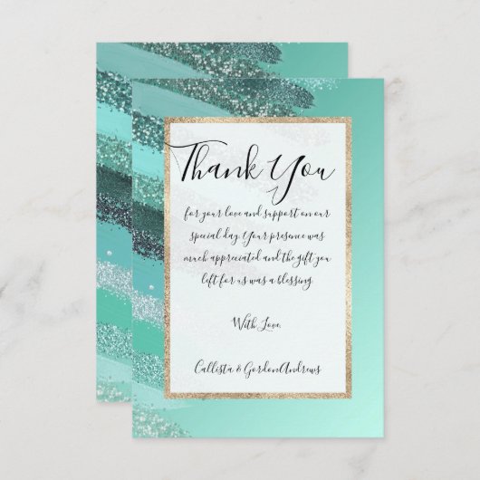 アクアマリングリーンブルーグリッターブ絵を描ラストローク サンキューカード (正面/裏面)