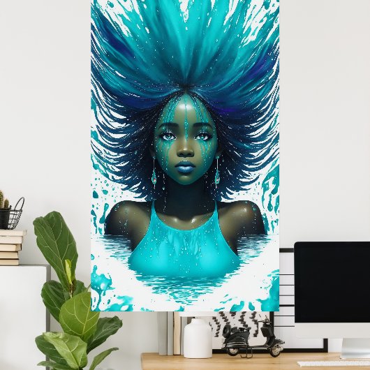 アクアマリンティール（緑がかった色）ウォーターファンタジーアフリカンガール ポスター (ホームオフィス)