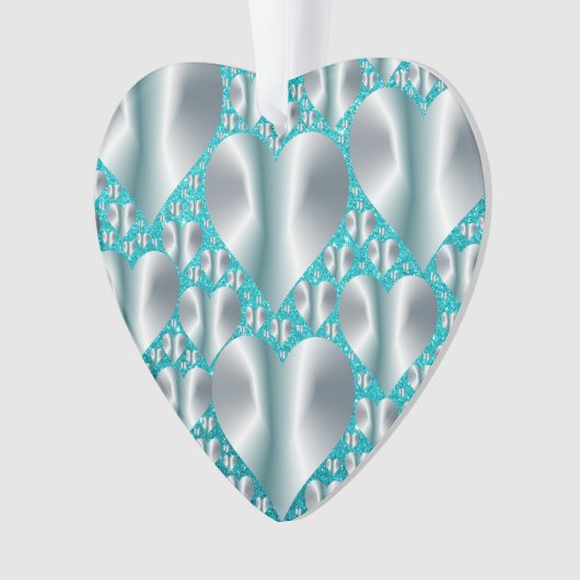アクアマリンハートターコイズフェイクグリッター オーナメント (正面)
