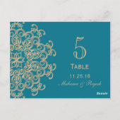 アクアマリンブルー金ゴールドインディアン結婚のテーブル番号 ポストカード (裏面)