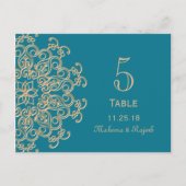 アクアマリンブルー金ゴールドインディアン結婚のテーブル番号 ポストカード (正面)