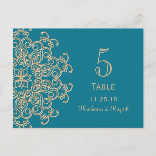 アクアマリンブルー金ゴールドインディアン結婚のテーブル番号 ポストカード (正面)