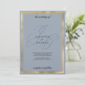 アクアマリンブルー金ゴールドモノグラムイニシャル結婚ズ 招待状 (スタンド正面)