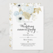 アクアマリンブルー金ゴールド結婚フローラ記念日 招待状 (正面/裏面)