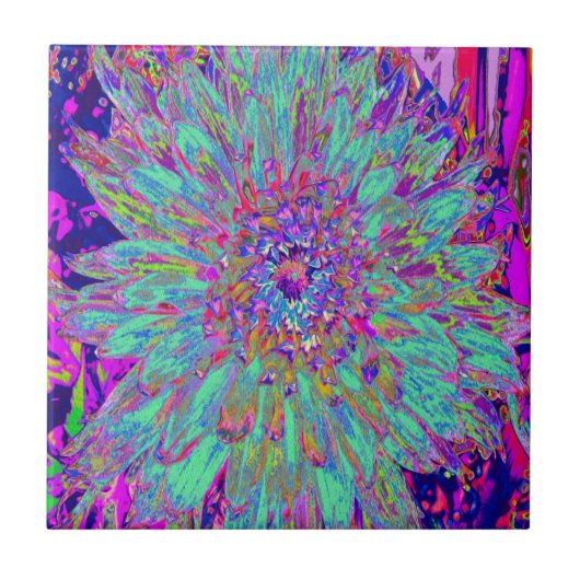 アクアマリンレインボーカラー抽象芸術ダリアフラワー タイル (正面)