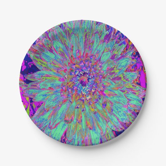 アクアマリンレインボーカラー抽象芸術ダリアフラワー ペーパープレート (正面)
