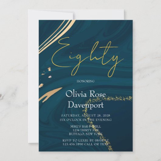 アクアマリン金ゴールドアルコールインク80thバースデーパーティー 招待状 (正面)