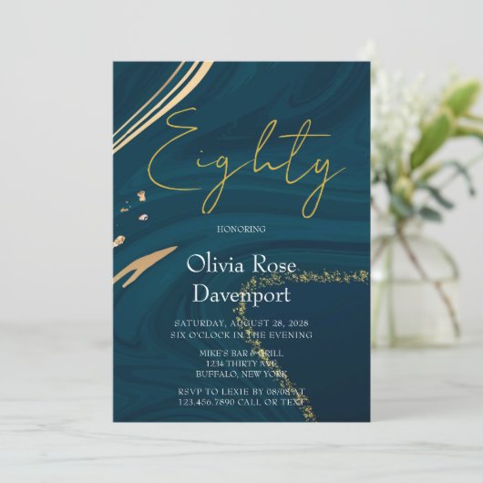 アクアマリン金ゴールドアルコールインク80thバースデーパーティー 招待状 (スタンド正面)