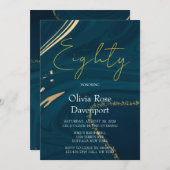 アクアマリン金ゴールドアルコールインク80thバースデーパーティー 招待状 (正面/裏面)