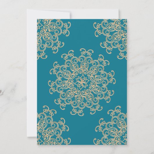 アクアマリン ブルーとゴールドのインドスタイルのウェディング 招待状 (裏面)