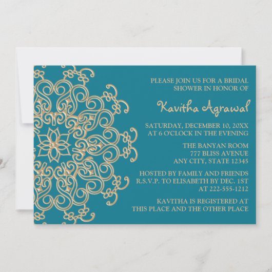 アクアマリン ブルーとゴールドのインド風ブライズシャワー 招待状 (正面)